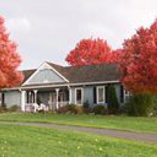 A suburban house surrounded by vibrant autumn trees.