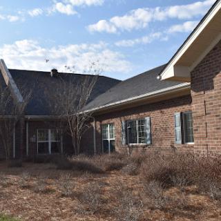 An exterior view of a residential brick house surrounded by overgrown landscaping.