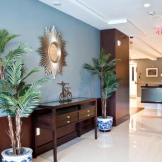 Elegant office lobby with decorative plants and furniture.