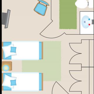 A floor plan of a bedroom with two twin beds, a chair, and an adjacent bathroom.