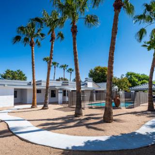A serene residential property featuring palm trees, a swimming pool, and modern design under a clear blue sky.
