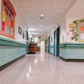 A well-lit school hallway featuring green walls and classrooms on either side.