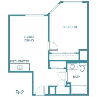 A one-bedroom apartment floor plan featuring a kitchenette, living area, bedroom, and bathroom.