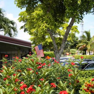 A vibrant outdoor scene featuring colorful flowers and a flag amidst lush greenery.