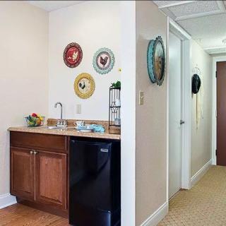 A cozy kitchenette area with decorative plates on the wall, featuring a mini fridge, sink, and wooden cabinets, adjacent to a hallway.