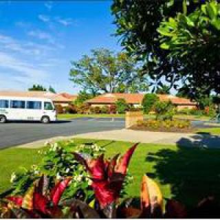 A scenic view of a white bus on a road near landscaped gardens and vibrant foliage under a clear blue sky.