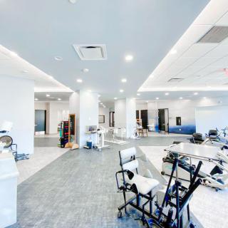 A modern salon interior with bright lighting and sleek design.