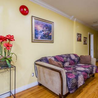 A cozy living room with a patterned couch, a painting on yellow walls, and a potted plant on a stand.