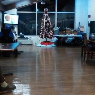 A cozy community space featuring a beautifully decorated Christmas tree, illuminated against the backdrop of evening light.