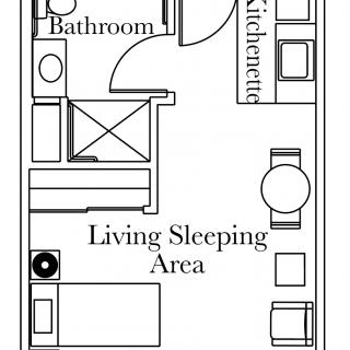 A floor plan of a studio apartment featuring a combined living and sleeping area, kitchenette, and bathroom.