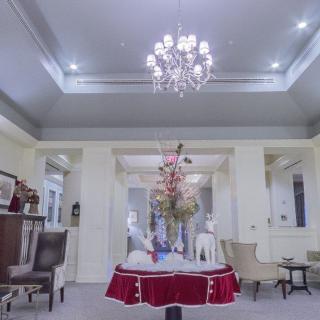 A tastefully decorated living room featuring a chandelier and elegant furnishings.