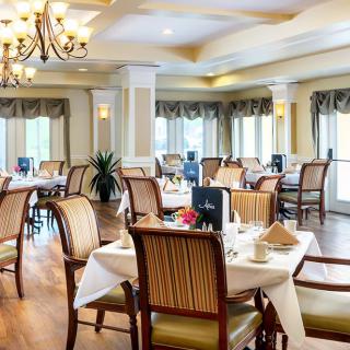An elegant dining room with neatly arranged tables and chairs, illuminated by natural light and a chandelier.