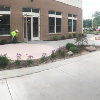 A worker landscaping the area outside a building, featuring flowers and new concrete.