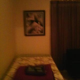 A cozy bedroom with a single bed and wall art.