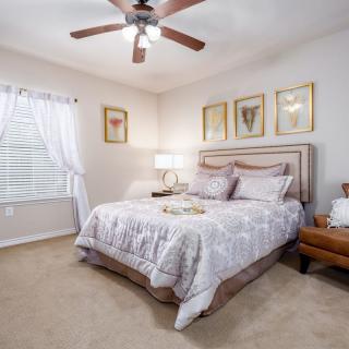 A cozy bedroom with a large bed, ceiling fan, and elegant decor.
