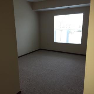 An empty room with a large window and carpeted floor.