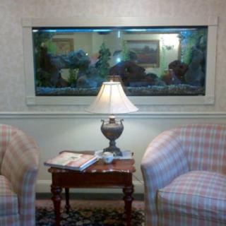 A cozy waiting area with an aquarium, two chairs, and a lamp on a wooden table.