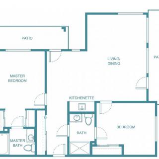A detailed floor plan of an apartment showing various rooms and spaces.