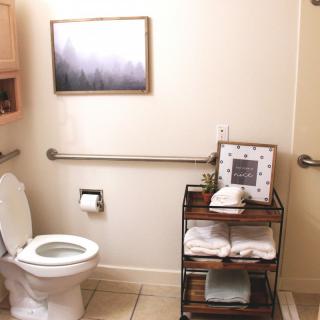 A well-organized bathroom with a toilet, shelving unit, towels, and wall art.