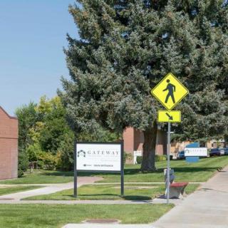 A crosswalk sign near a sidewalk with a tree and building in the background.
