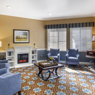 A cozy living room featuring blue chairs, a fireplace, and a patterned carpet.