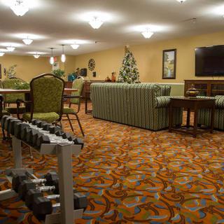 A cozy room with a mix of fitness and lounge elements, featuring dumbbells, comfortable seating, and a Christmas tree.
