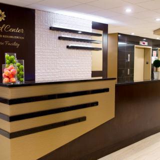 A modern hotel reception area with sleek design elements.