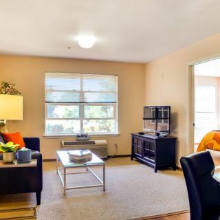 A cozy living room with modern furniture and ample natural light.