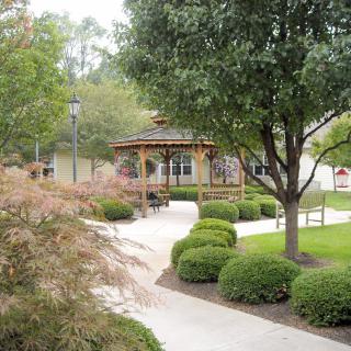A serene park featuring a wooden gazebo, surrounded by trees and well-manicured bushes.