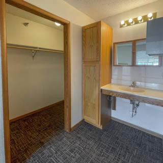 A bathroom with a vanity and sink adjacent to a walk-in closet.