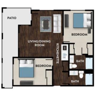 A floor plan of a two-bedroom apartment with a living/dining room, kitchenette, two bathrooms, and a patio.
