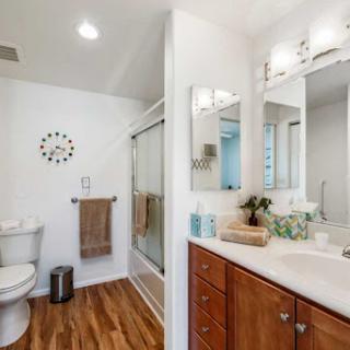 A modern and clean bathroom featuring a shower, toilet, and stylish wooden flooring.