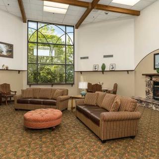 A cozy living room with comfortable couches, a fireplace, and a large window allowing natural light to fill the space.