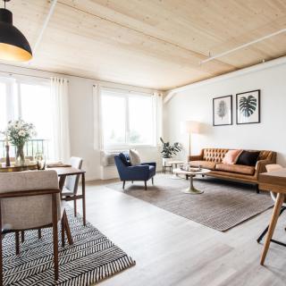 A bright and modern living room with stylish furniture, featuring a wooden ceiling and ample natural light.