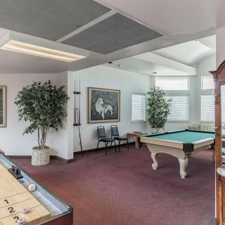A spacious game room featuring a pool table and shuffleboard, complemented by large windows and decorative plants.