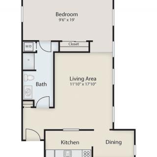 A one-bedroom apartment floor plan with a living area, kitchen, dining room, and bathroom.