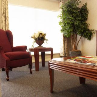 A cozy living room with a red armchair, wooden coffee table, and potted plant.