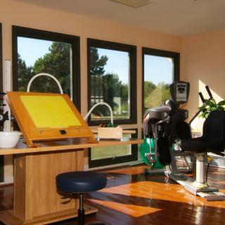 A bright study room with a desk and large windows letting in sunlight.