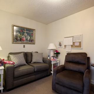 A cozy living room featuring a sofa, armchair, and decorative elements.