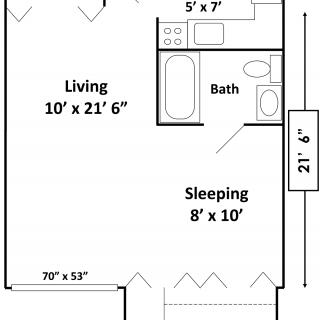 A floor plan of a studio apartment showing living and sleeping areas, kitchen, and bath.