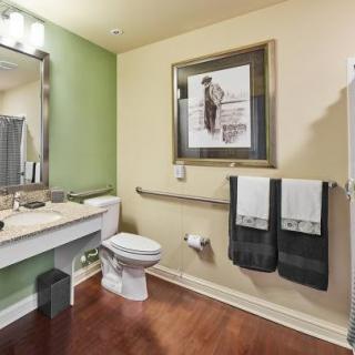A well-decorated bathroom with a toilet, sink, and mirror, featuring modern artwork and accessible design elements.