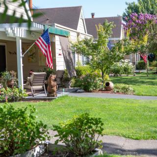 A peaceful residential neighborhood with well-maintained lawns and gardens, featuring houses with porches and American flags.