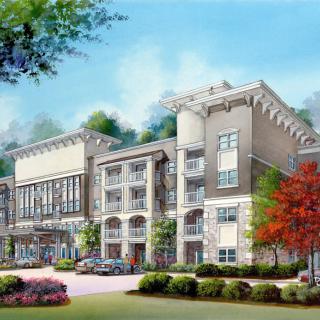 A modern residential building surrounded by trees and landscaped grounds.