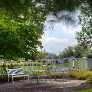 A peaceful park setting with benches and a fence surrounded by lush greenery.