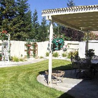 A sunny backyard with a patio and pergola, featuring a well-maintained lawn and garden.