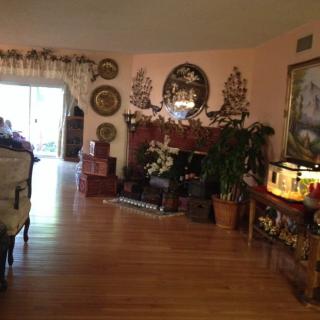 A cozy living room featuring elegant decorations, an aquarium, and ample natural light.