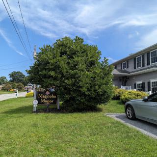 A scenic view of a building with a sign partially obscured by a tree, accompanied by a parked car in front.