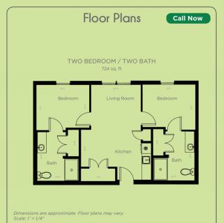 A floor plan showing a two-bedroom, two-bathroom apartment layout.