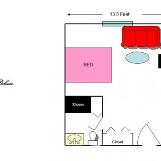 A simple bedroom floor plan illustrating the placement of furniture such as a bed, closet, and couch.