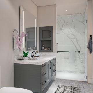 A sleek and modern bathroom featuring a stylish vanity, large mirror, and a glass-enclosed shower.